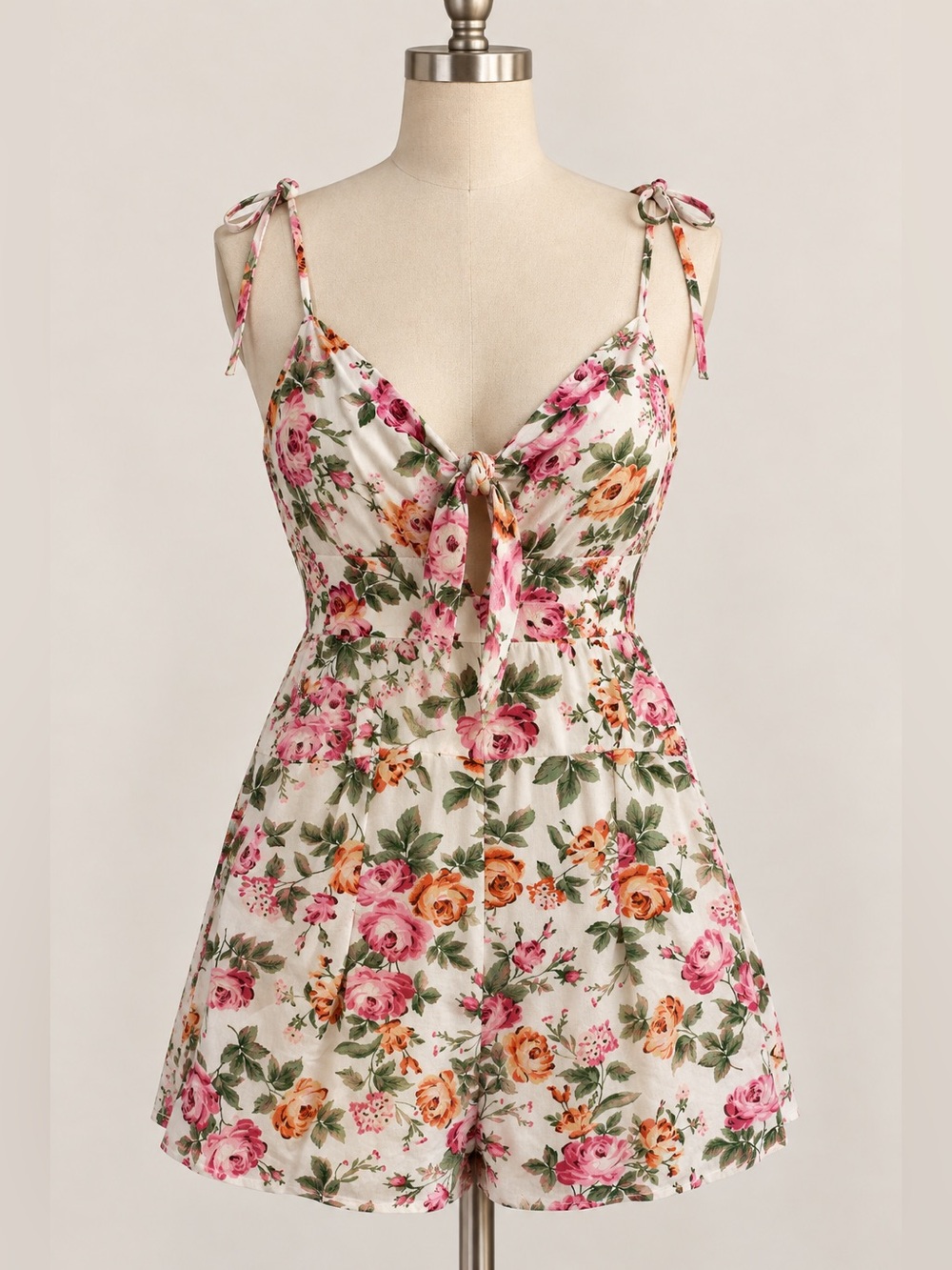 Ambiance Floral Romper Smocked Back Tie-Front White Multi Size M